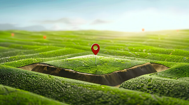 Location pin icon on green land plot, estate investment, land plot for construction project. 3d ground slice section