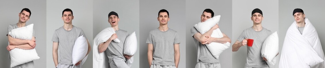 Man in pajamas with pillow and blanket on light grey background, collage of photos