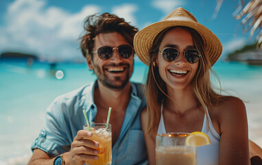 Cheerful couple enjoying drinks on a sunny beach