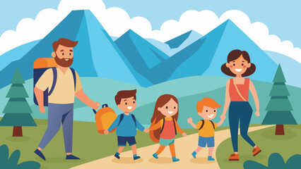 hiking father mother and children vector illustration