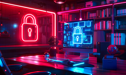 Fototapeta na wymiar Futuristic Cybersecurity Concept - Glowing Lock Icon on Digital Screen, Neon Lights in Modern Home Office Setup, Advanced Data Protection Technology
