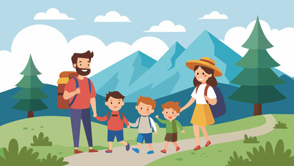 hiking father mother and children vector illustration