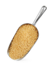 Brown sugar in metal scoop isolated on white, top view