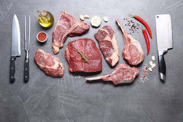 Fresh raw beef cuts, spices and butcher tools on light grey textured table, flat lay. Space for text