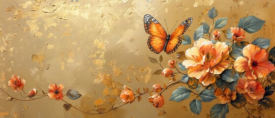 Nostalgic oil canvas with golden textured brushstrokes, retromodern art, depicting flowers, leaves, and a delicate butterfly - obrazy, fototapety, plakaty