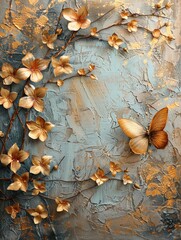 Modern art oil painting, retro feel, golden leaves and flowers on a textured background, with a whimsical butterfly accent