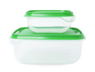 Empty plastic containers on white background. Food storage