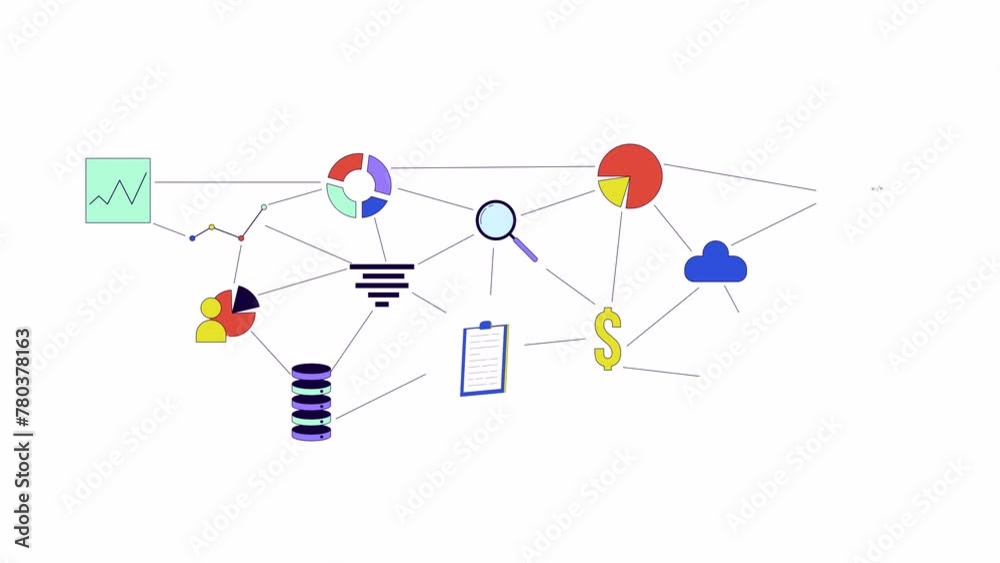 Poster analytics database management line 2d object animation. connected data analysis flat color cartoon 4