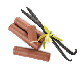 Glazed curd cheese bars, vanilla pods and flower isolated on white, top view