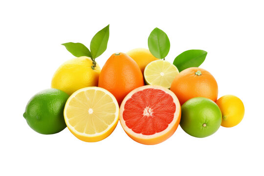 Group of Citrus Fruits With Green Leaves. On a White or Clear Surface PNG Transparent Background.