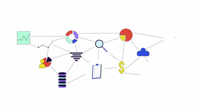 Analytics database management line 2D object animation. Connected data analysis flat color cartoon 4K video, alpha channel. Programming, chart graph, cloud technology animated item on white background