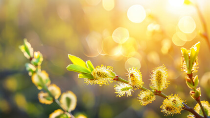 Fluffy willow branches bloom in the sunlight. Willow branches. Spring aspect. Concept of nature, growth.