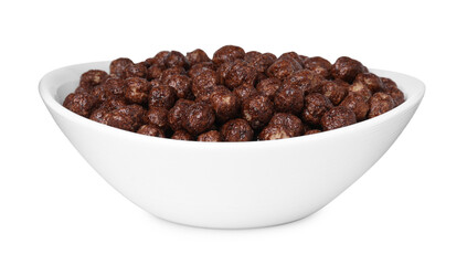 Chocolate cereal balls in bowl isolated on white