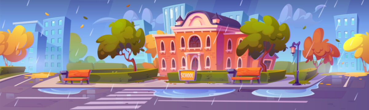 School building on street in autumn city cartoon background. University or college rainy weather landscape illustration. Government public architecture and cityscape. Academic campus near crosswalk