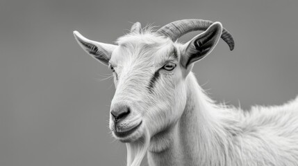 Black-and-white goat portrait showcasing horns, fur, and serene gaze in nature - obrazy, fototapety, plakaty