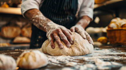 Close-up of a man's hands kneading dough, sprinkling flour, working in a bakery. Making bread. Kneading the dough. Food concept. - Powered by Adobe