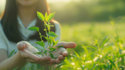 Earth Day In the hands of trees growing seedlings. Bokeh green Background Female hand holding tree on nature field grass Forest conservation concept.