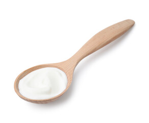 Delicious natural yogurt in wooden spoon isolated on white