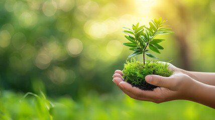 Naklejka na ściany i meble Earth Day In the hands of trees growing seedlings. Bokeh green Background Female hand holding tree on nature field grass Forest conservation concept.