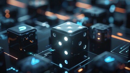 A Six-Sided Dice With Glowing Light Pips. - obrazy, fototapety, plakaty