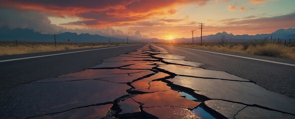 Cracked asphalt on roads after an earthquake