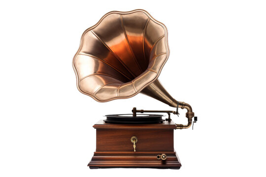 Antique Record Player With Brass Horn. On a White or Clear Surface PNG Transparent Background.
