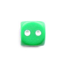 One green game dice isolated on white, top view