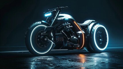 A motorcycle with neon lights on its wheels.