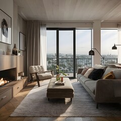 beautiful modern living room design by a architect in a apartment with view on the city