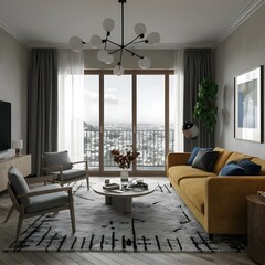 beautiful modern living room design by a architect in a apartment with view on the city