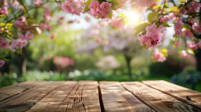 Empty top wooden table on sweet flowers in summer for for background.
