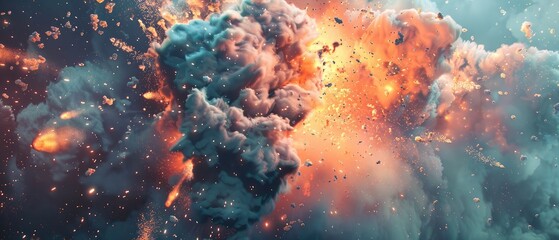 bright explosion fire burst on smoke background,A massive, intense explosion illuminates an open landscape, with flames and sparks soaring into a stormy sky,Orange burning explosion on the background
 - obrazy, fototapety, plakaty