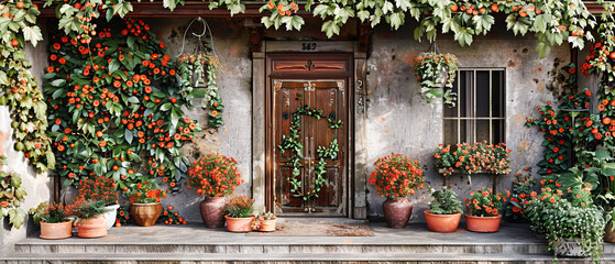 Fototapeta na wymiar Cozy Home Entrance, Vintage Doorway Framed by Lush Flowers, Welcoming Atmosphere with Rustic Charm