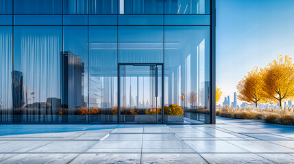 Modern Business District Street, Urban Architecture with Glass Facades, Empty Cityscape