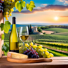 Naklejka premium Board with cheese, grapes and white wine in front of a vineyard landscape