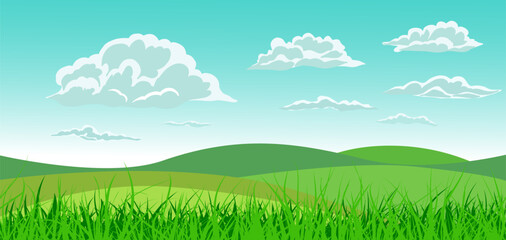 Summer meadow. Landscape with clouds. hand drawing. Not AI, vector illustration.