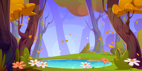 Autumn lake in forest landscape scene illustration. Beautiful fall park nature with stunning travel valley. Falling maple leaves season in woodland on lakeside. Cute panoramic golden woods backdrop