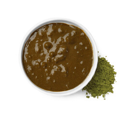 Henna paste and powder isolated on white, top view