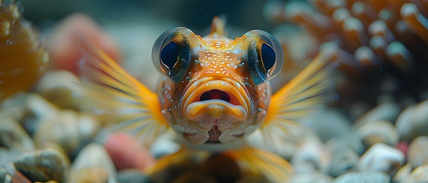 Closeup of stingfish with mouth and eyes open in aquarium with rocks. Concept Underwater Photography, Marine Life, Stingfish Portrait, Aquarium Closeup, Rock Landscapes