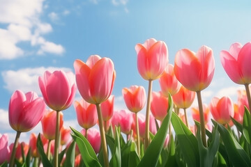 pink tulips on a blue sky background
