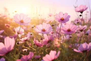 cosmos blooming on field in morning light.