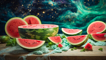 Watermelon painterly masterpiece cosmic refreshment vibrant water