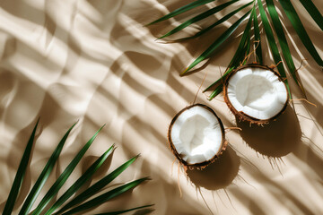 Fototapeta na wymiar coconut, cut in half, on sand background, tropical palm leaves shadows, minimalist summer style, product photography, aerial view, closeup