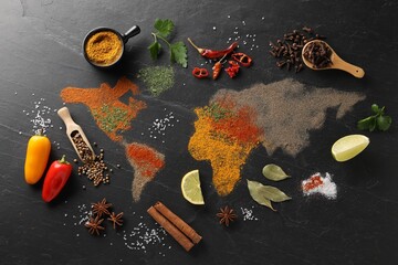 World map of different spices and products on dark textured table, flat lay