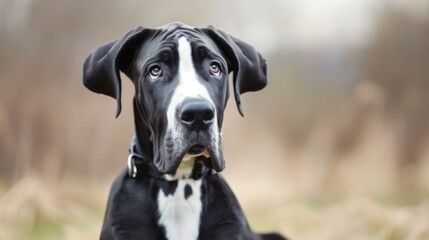 Portrait of a noble Great Dane dog with a beautiful black and white coat outdoors