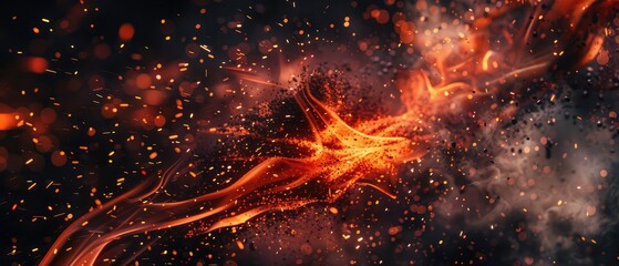 Fire flames with sparks on a black background,,Abstract dark background with orange flash of light, abstract dark lights of fiery glitter particles.
 - obrazy, fototapety, plakaty
