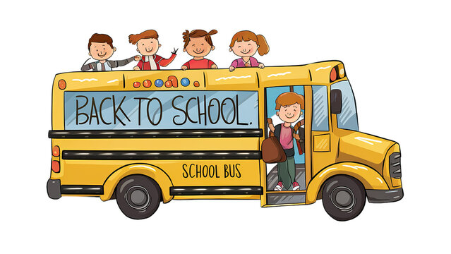 Concept for back to school. School bus with kids. Backpack with stationery items.