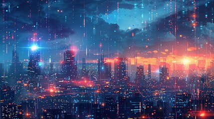 Computer vision inspired digital painting of a smart city skyline - obrazy, fototapety, plakaty