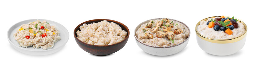 Set of cooked barley groats in bowls on white background