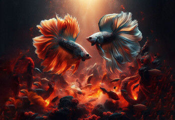 Beautiful two fighting fish on the flame, Betta fish, siames fighting fish - obrazy, fototapety, plakaty